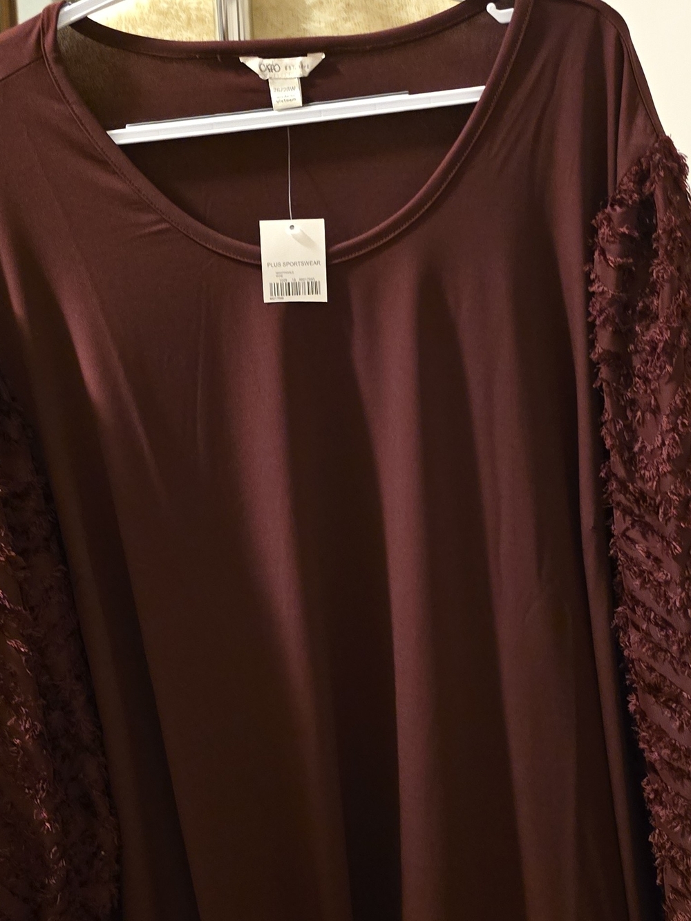 Cato Plus Size Maroon Long Sleeve Scoop Neck Top with Textured Fringe Sleeves